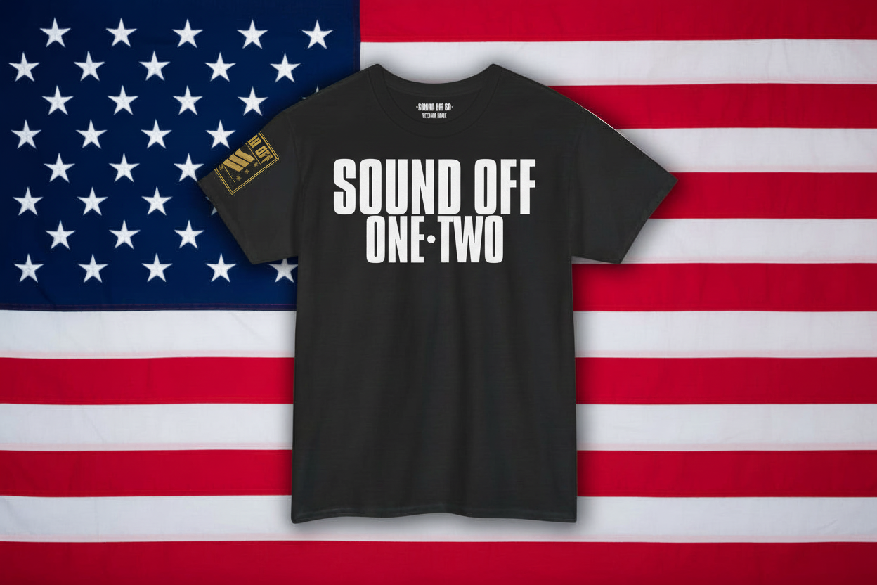 Sound Off shirt with flag background